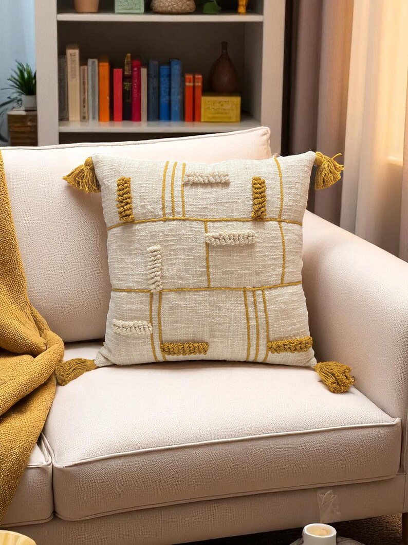 COTTON PILLOW COVER, Textured Pillow Cover, Embroidered Pillow Cover, Throw Pillow Cover, Mustard Embroidered Cotton Textured Pillow Cover, Gift For Her