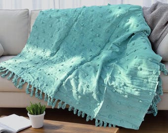 Handwoven Cotton Throw Blanket: Aqua Blue Pom Pom, 52x70