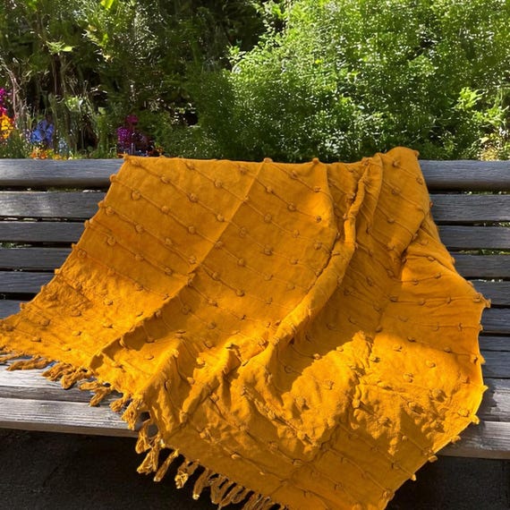 Mustard Yellow Boho Throw Blanket: Handwoven Cotton Loop Texture