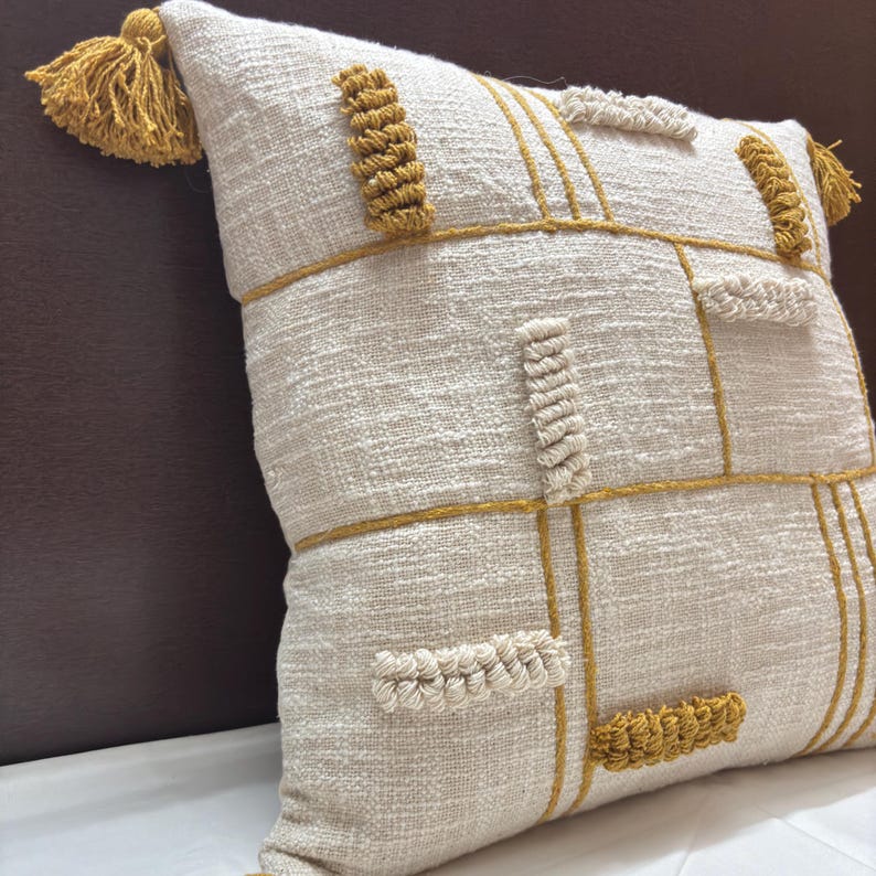 COTTON PILLOW COVER, Textured Pillow Cover, Embroidered Pillow Cover, Throw Pillow Cover, Mustard Embroidered Cotton Textured Pillow Cover, Gift For Her