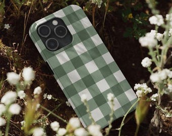 Green Gingham Phone Case, Plaid Checkered Tough Cover for iPhone and Samsung Galaxy, Sage Cottagecore Farmhouse Style
