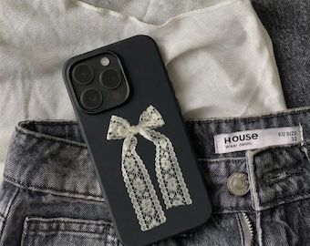 Black Lace Bow Phone Case for iPhone & Samsung, Coquette Ribbon Cover, Feminine Shabby Chic Romantic Style