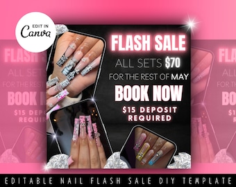 Nail Tech Sale Flyer, DIY Book Now Template, Nail Tech Social Media Post, Editable Canva Template, Nails, Lashes, Spa Digital Download Post