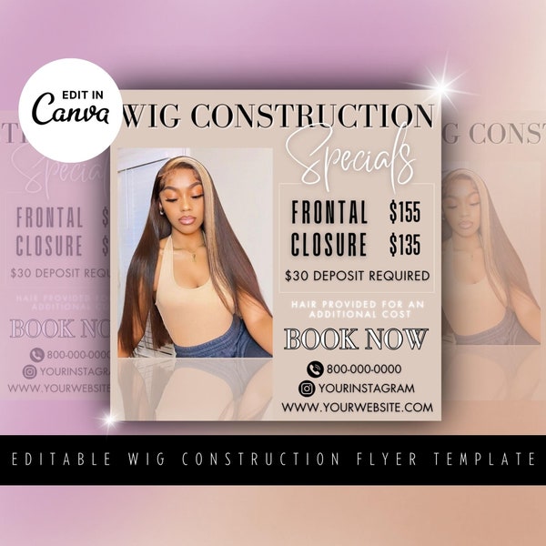 Wig Construction Specials Flyer, DIY Wig Install Template, Instagram Digital Download Flyer, Hair Specials Price List, Editable Templates