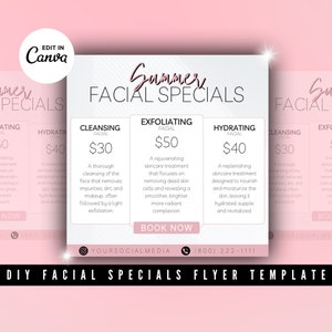Folheto de promoções faciais DIY Canva Template Tratamento facial Flyer Book Now Flyer Spa Flyer Esteticista Flyer Venda Modelo de folheto editável