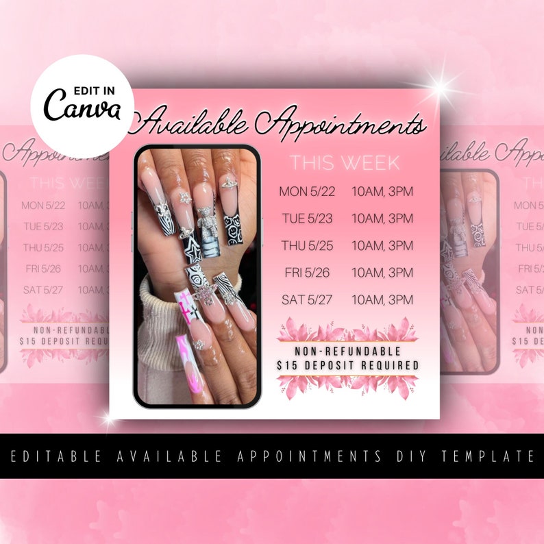 May include: A pink and white graphic with the text "Available Appointments" and a schedule for the week of May 22nd. The schedule lists the days of the week and times available for appointments. The graphic also includes the text "Non-Refundable $15 Deposit Required".