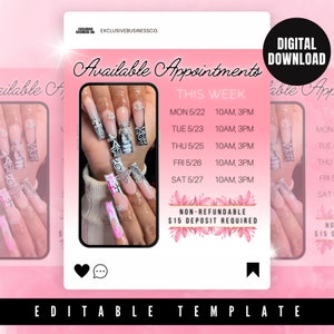 May include: A pink and white graphic with the text "Available Appointments This Week" and a list of dates and times. The graphic also includes the text "Non-Refundable $15 Deposit Required".