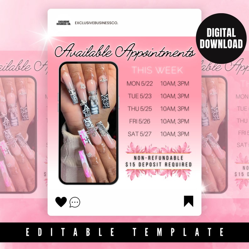 May include: A pink and white graphic with the text "Available Appointments This Week" and a list of dates and times. The graphic also includes the text "Non-Refundable $15 Deposit Required".