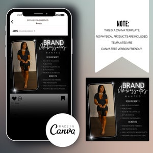 May include: A black and white Canva template for social media with the text "Brand Ambassadors Wanted". The template features a woman wearing a black dress and a black purse. The text includes requirements and benefits for becoming a brand ambassador.