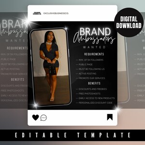 May include: A black and white graphic with the text "Brand Ambassadors Wanted" in a neon pink font. The graphic includes a list of requirements and benefits for becoming a brand ambassador. The graphic also includes a photo of a woman wearing a black dress and holding a black purse.