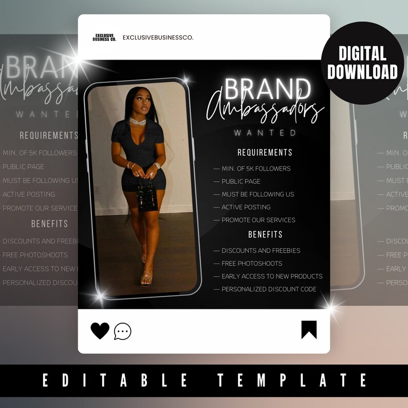 May include: A black and white graphic with the text "Brand Ambassadors Wanted" in a neon pink font. The graphic includes a list of requirements and benefits for becoming a brand ambassador. The graphic also includes a photo of a woman wearing a black dress and holding a black purse.