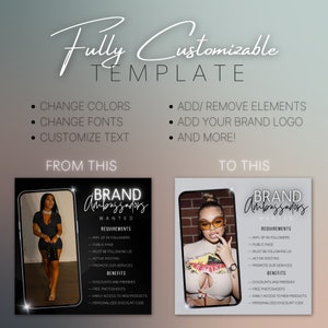 May include: A customizable template for brand ambassadors. The template features a black and white image of a person with a phone displaying the text "BRAND Ambassadors WANTED". The text includes requirements and benefits for becoming a brand ambassador. The template can be customized with different colors, fonts, and elements.