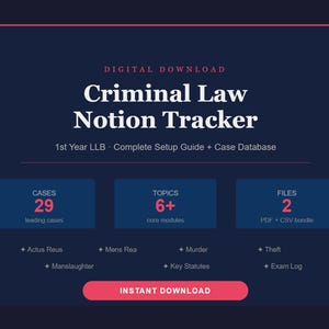 May include: Digital download graphic for a Criminal Law Notion Tracker. The dark blue graphic has pink accents and includes the text "Criminal Law Notion Tracker" and "1st Year LLB". It lists 29 cases, 6+ topics, and 2 files.