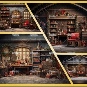Pode incluir: Uma oficina vintage decorada para o Natal com prateleiras de madeira, uma poltrona vermelha, uma escada e uma variedade de decorações de Natal, incluindo coroas, guirlandas e enfeites.