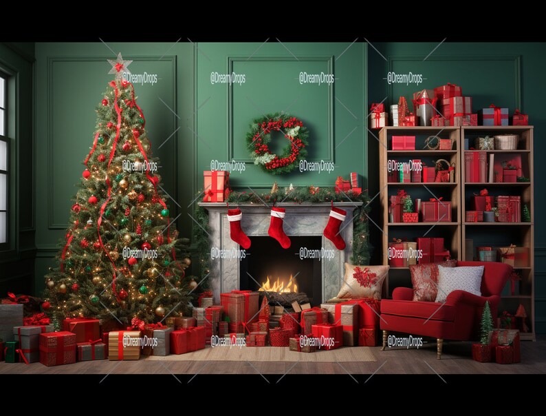 40+ Christmas Themed Digital Backdrops Christmas Trees and Cozy Homes ...