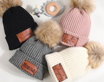 Winter baby Hat With name,Custom Kid Hat with detachable Pom,Parent-child Custom Knit Hat,Girl Hat  Pom,Leather Patch Beanie,Baby Xmas gift