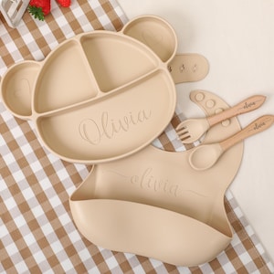 Personalized Silicone Weaning Set, Cartoon Weaning Set for Toddler Baby Kids, Feeding Set with Name, Eco-Friendly, Baby Shower Gift
