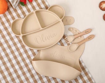 Personalized Silicone Weaning Set, Cartoon Weaning Set for Toddler Baby Kids, Feeding Set with Name, Eco-Friendly, Baby Shower Gift