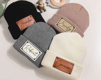 Newborn baby Beanies,Leather Patch Beanies for Baby Personalized,Beanies for Babies,Infant Beanie with Name,Kid Knitted Hat,Baby Shower Gift