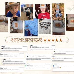 May include: A collection of photos showcasing a gray mesh-back baseball cap with a brown leather patch. The patch features custom text. The images include people wearing the hat and customer reviews, highlighting the product's quality and satisfaction.