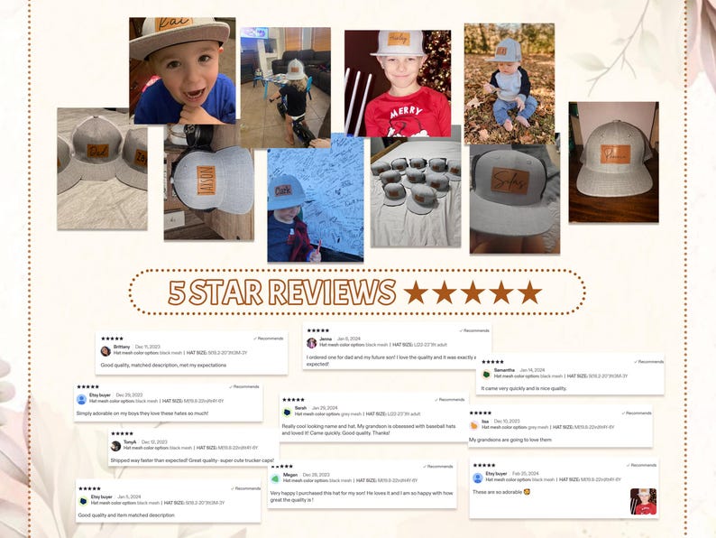 May include: A collection of photos showcasing a gray mesh-back baseball cap with a brown leather patch. The patch features custom text. The images include people wearing the hat and customer reviews, highlighting the product's quality and satisfaction.
