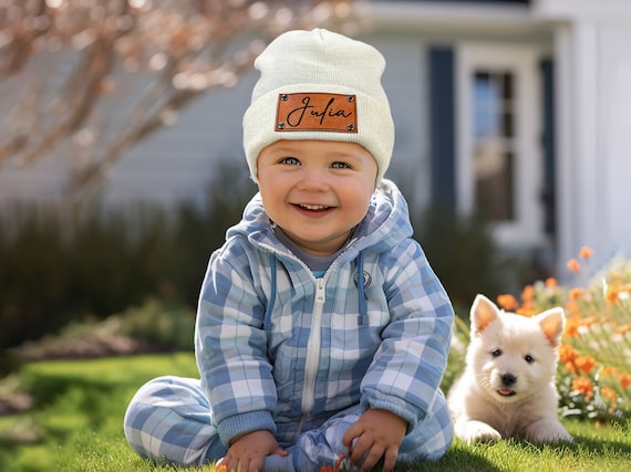 Signature Cursive Custom Baby Hat Infant Toddler Kids Youth Child Baby Newborn Beanie,Slouchy Personalized Name Vegan Leather Patch