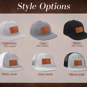 May include: A selection of six baseball caps in various colors, including light grey, grey, and black. Each cap features a brown rectangular patch. The text "Style Options" is at the top, with color and mesh options listed below each cap.