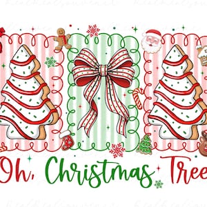 May include: A festive Christmas-themed design featuring gingerbread cookies shaped like Christmas trees with white icing and red stripes. A large red bow with white and green stripes is in the center. The text "Oh, Christmas Tree" is at the bottom.