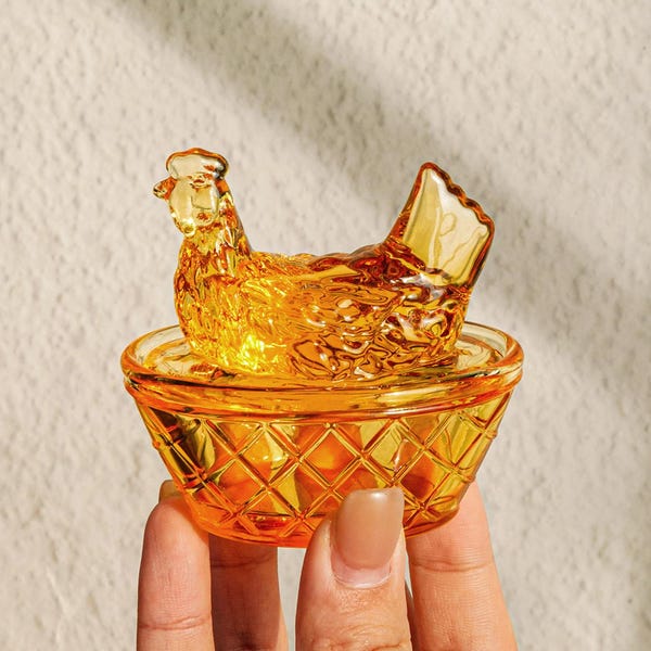 Glass Hen on Nest Salt Cellar Dish, Mini Glass Hen on Nest, Vintage Style Farmhouse Decor, Vintage Glassware Decor