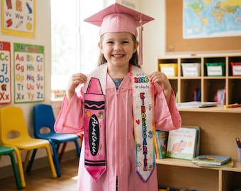 Personalized Kid Graduation Stole, Custom Name Pre-K Graduation Sash, Crayon Kindergarten Grad Stole, Graduation Gift, Class Of 2026 Sash