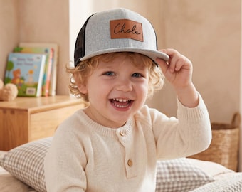Personalized Name Toddler Hat,Trucker Hat with Leather Patch,Father's Day Gift,Toddler Baseball Caps,Hat for Dad and Son,Gift For Baby