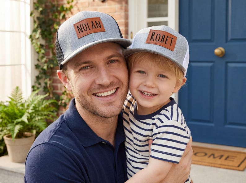 May include: Two gray trucker hats with leather patches. One hat reads "NOLAN" and the other reads "ROBET". The hats are worn by a man and a child, both smiling. The man wears a navy blue polo shirt, and the child wears a striped shirt.
