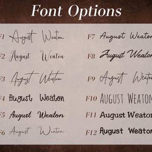 May include: A display of twelve font options labeled F1 through F12. Each font showcases the name "August Weaton" in various styles, ranging from elegant scripts to bold, uppercase lettering. The title "Font Options" is at the top.