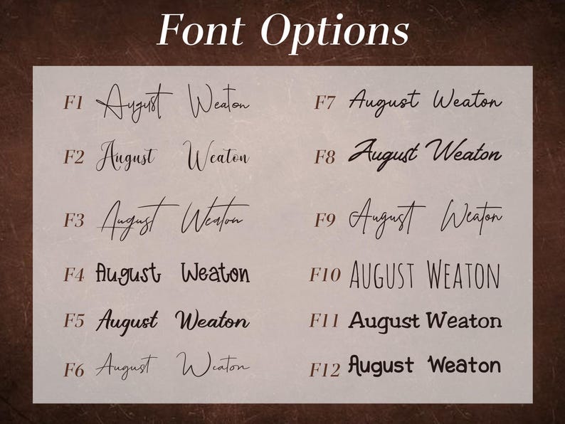 May include: A display of twelve font options labeled F1 through F12. Each font showcases the name "August Weaton" in various styles, ranging from elegant scripts to bold, uppercase lettering. The title "Font Options" is at the top.
