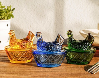 Salero de cristal con forma de gallina sobre nido, minigallina de cristal sobre nido, decoración rústica de estilo vintage, cristalería vintage
