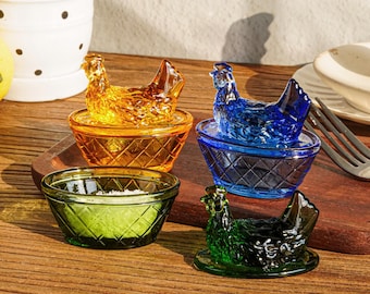 Glass Hen on Nest Salt Cellar Dish, Mini Glass Hen on Nest, Vintage Style Farmhouse Decor, Vintage Glassware Decor