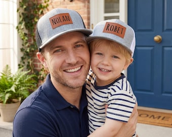 Personalized Name Toddler Hat,Trucker Hat with Leather Patch,Father's Day Gift,Toddler Baseball Caps,Hat for Dad and Son,Gift For Baby
