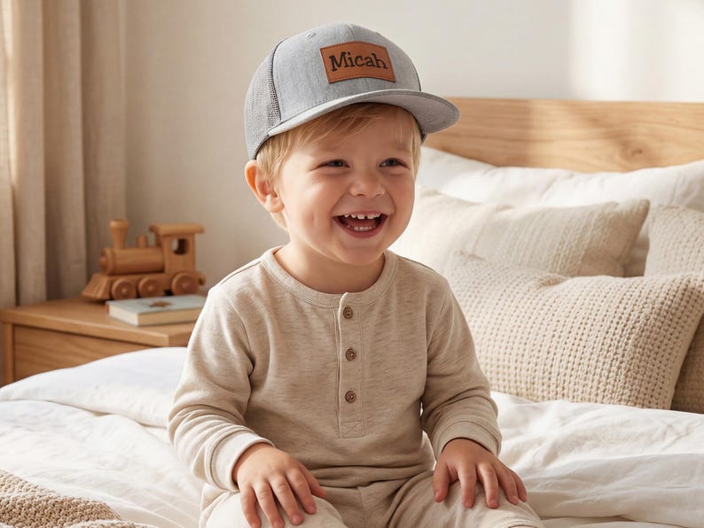 May include: A gray trucker hat with a brown leather patch that reads "Micah". The hat is worn by a child. The child is wearing a beige long-sleeved shirt and is sitting on a bed with white bedding.
