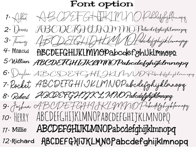 K&ouml;nnte beinhalten: Darstellung von 12 Schriftarten, jeweils mit Namen und dem Alphabet in Gro&szlig;- und Kleinbuchstaben. Die Schriftarten variieren von eleganten Schreibschriften bis hin zu fetten Blockbuchstaben.