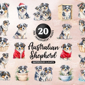 Cute Australian Shepherd Watercolor Dog PNG, Dog Family Portrait, Dog Puppies Breed Clipart Printable, For Commercial Use POD & DIY