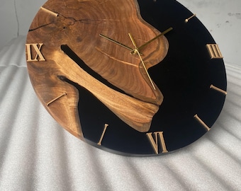 Handcrafted Wooden & Epoxy Resin Wall Clock – Unique Modern Decor, Silent Quartz Movement, Rustic Elegant Timepiece for Home or Office