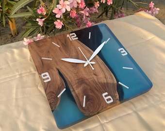 Minimalistic Epoxy Resin and Walnut Wood Wall Clock – Handmade Wood Art Decor