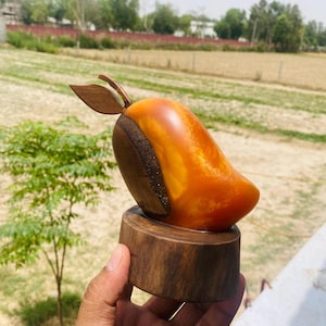 Handmade Mango Sculpture | Resin & Wood Fruit Art | Unique Desk Decor | Artisan Mango Gift