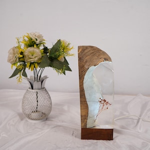 Handmade Epoxy Resin & Wood Lamp – Unique LED Night Light | Rustic Home Decor