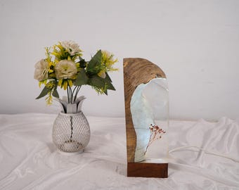 Handmade Epoxy Resin & Wood Lamp – Unique LED Night Light | Rustic Home Decor