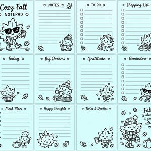 May include: A light blue notepad sheet featuring twelve distinct sections with black line art illustrations of cartoon leaves. Each section includes headings like Cozy Fall, Notes, To Do, Shopping List, Today, Big Dreams, Gratitude, Reminders, Meal Plan, Happy Thoughts, and Notes & Doodles.