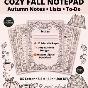 Gezellig herfstnotitieblok om te printen, herfstnotities, to-do-lijsten (digitale download)