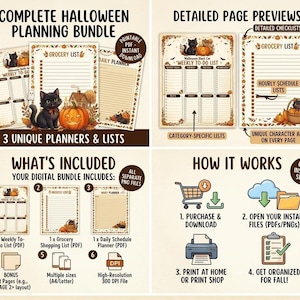 Puede incluir: Un paquete digital de planificación de Halloween con tres agendas y listas únicas ilustradas con gatos negros y calabazas. Incluye una lista de tareas semanales, lista de la compra y agenda diaria en formatos de archivo PDF y PNG.