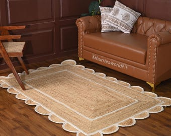 Handmade Scalloped Jute Rug with White Border, Boho Area Rug