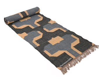 Handgeweven wollen jute kelimloper, geometrisch ontwerp